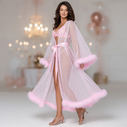 Erotic Pink Sheer Cape with Fluffy Trim