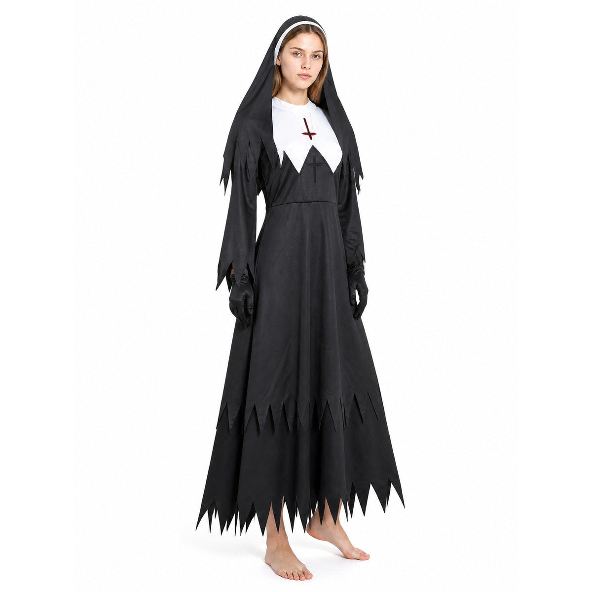 Black Long Dress with Cross and Torn Edge Costume Dresses detail