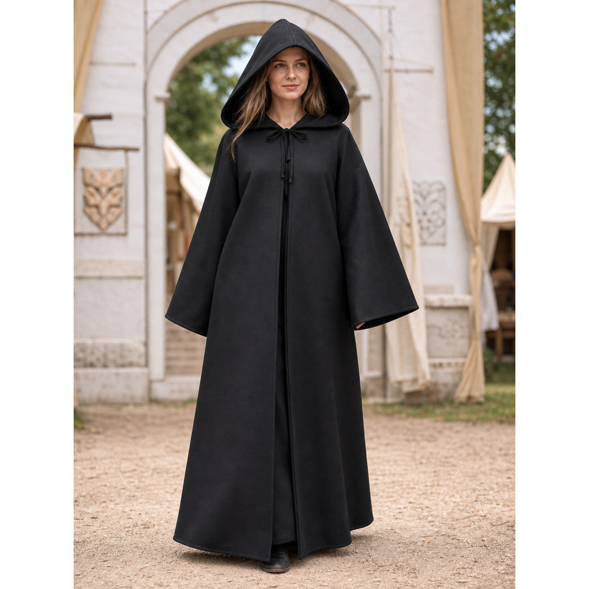 Long Black Hooded Carnival Cloak lifestyle view