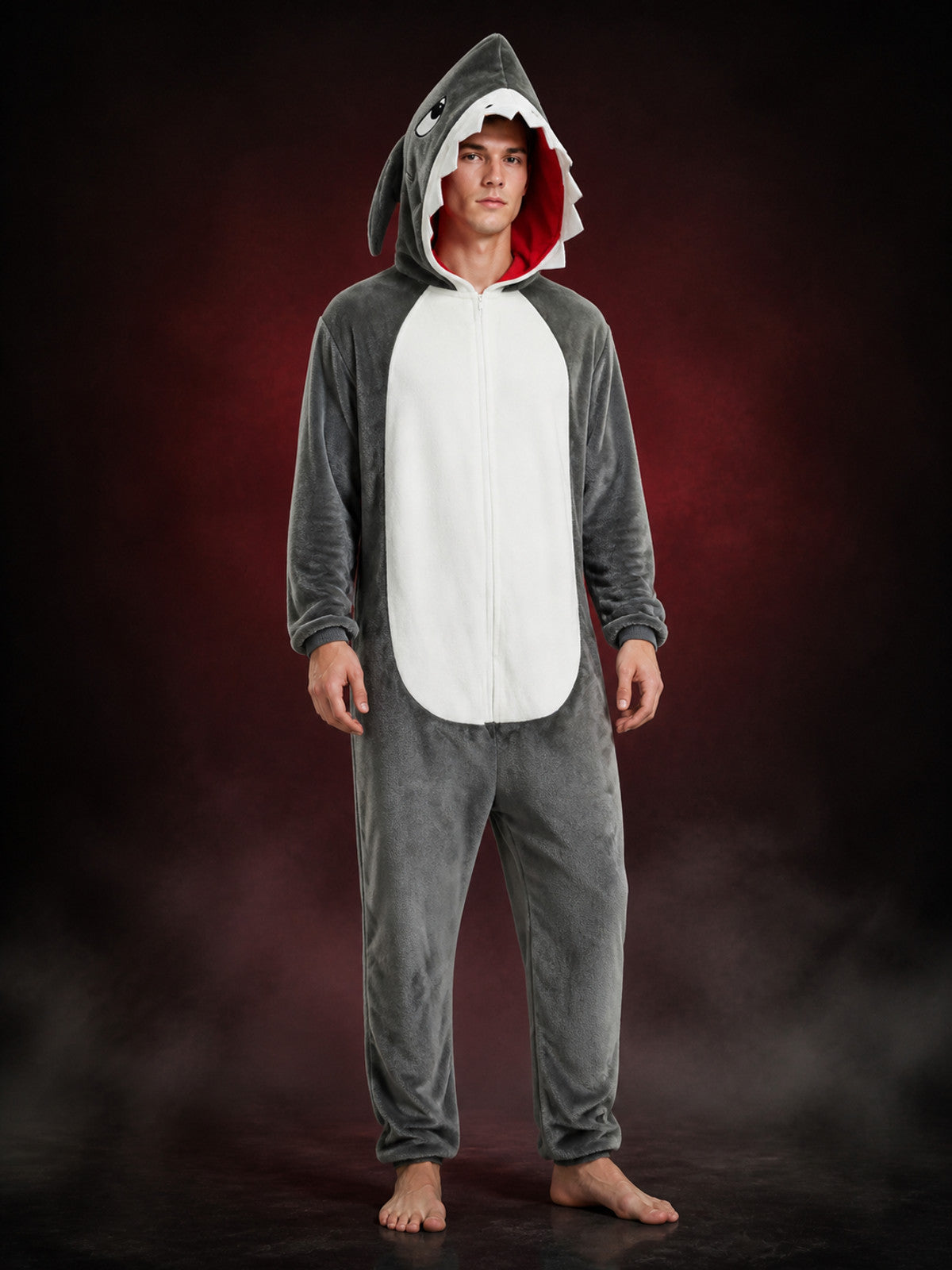 Shark Animal Hooded Jumpsuit Costume With Tail And White Belly Panel main product view