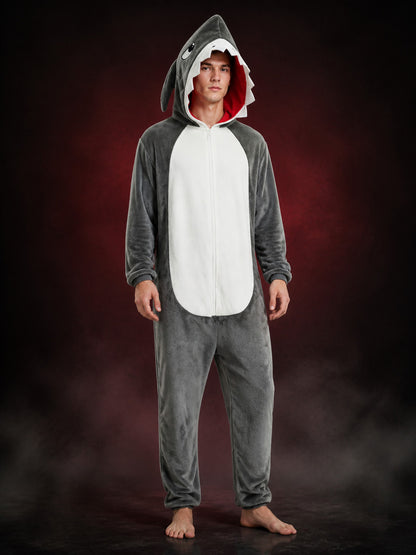 Shark Animal Hooded Jumpsuit Costume With Tail And White Belly Panel main product view