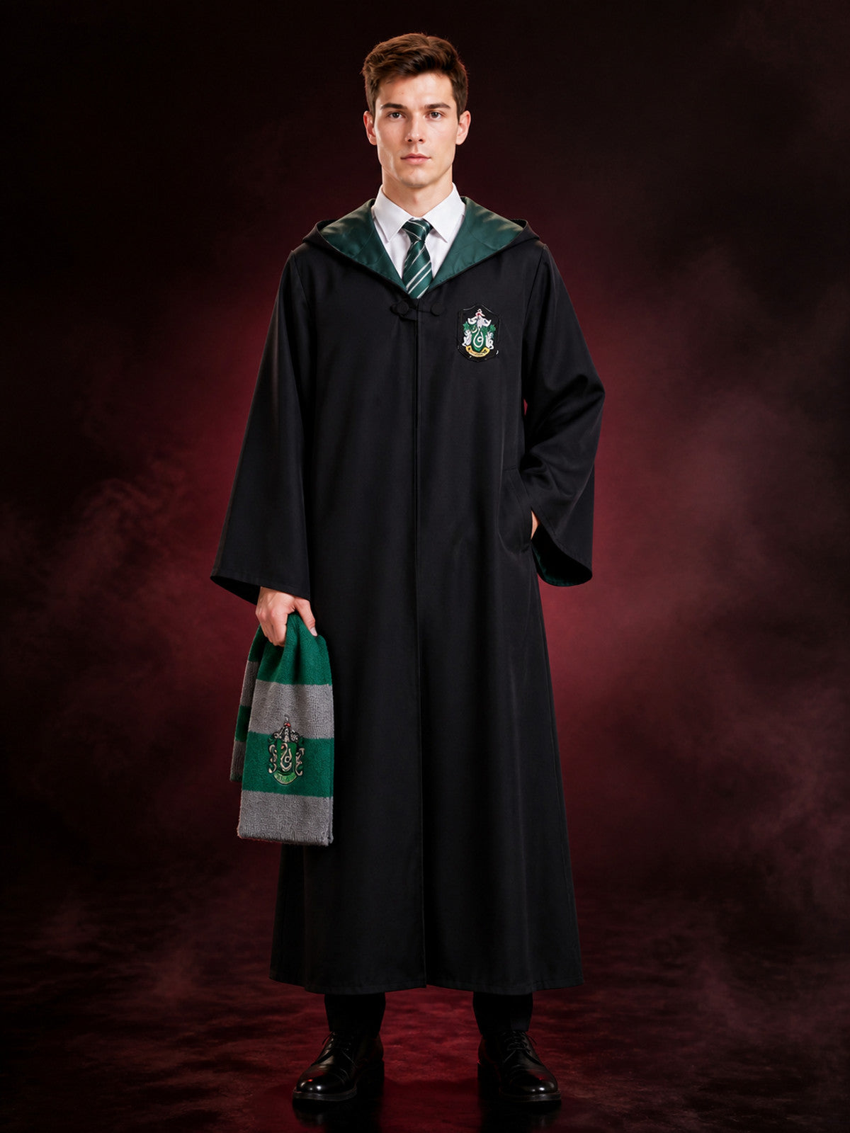 Kids Wizard Robe Costume Set, Hooded Black Robe with Striped Tie and Scarf main product view