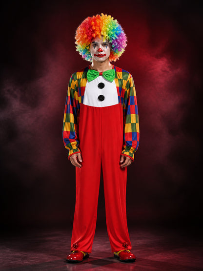 Kids Clown Costume Jumpsuit with Colorful Checkered Sleeves and Bow Tie main product view