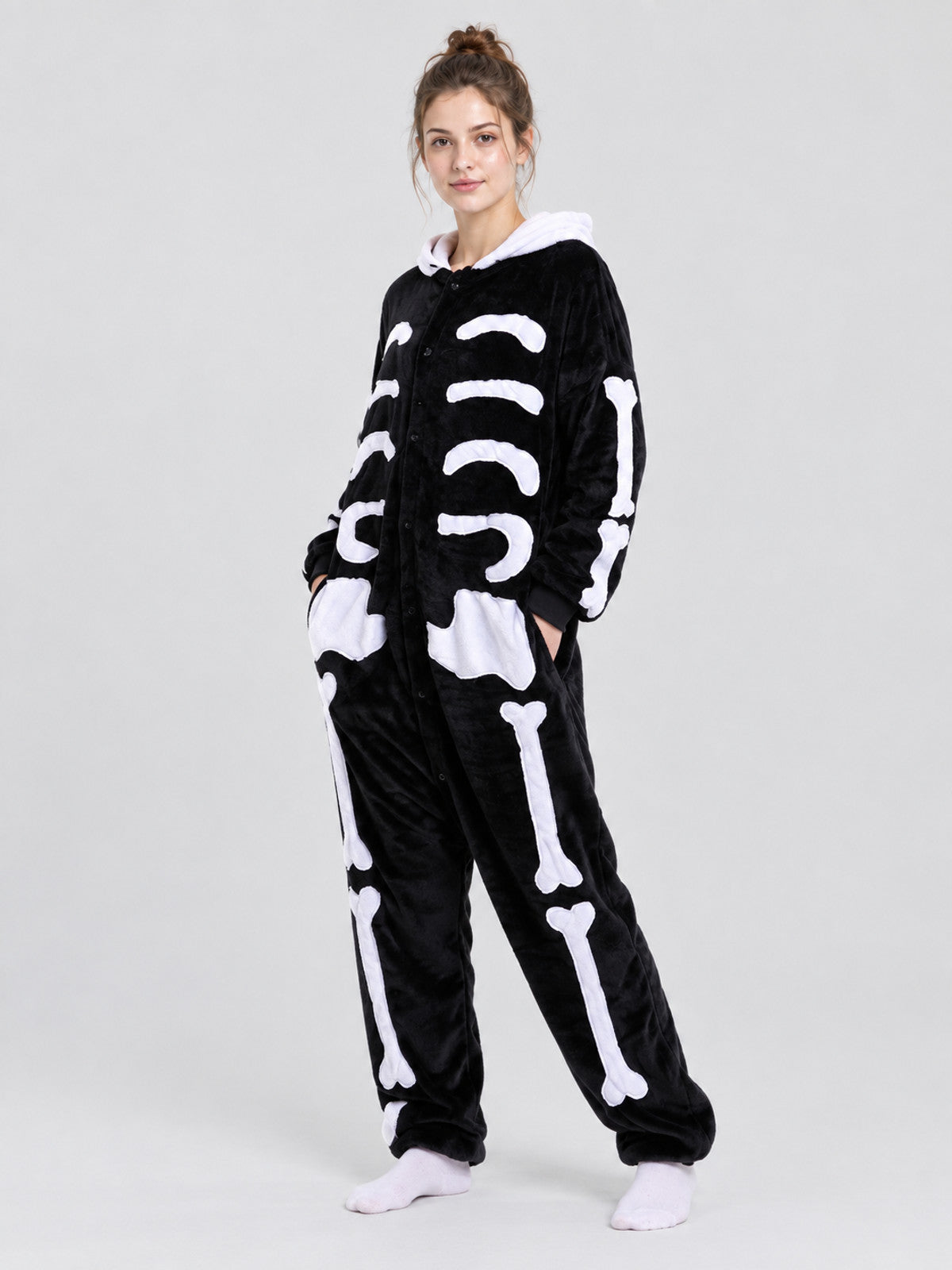 Black Hooded Pajama Jumpsuit with Bone Print
