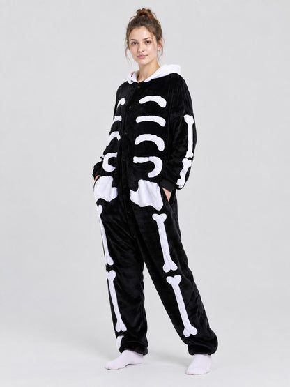Black Hooded Pajama Jumpsuit with Bone Print