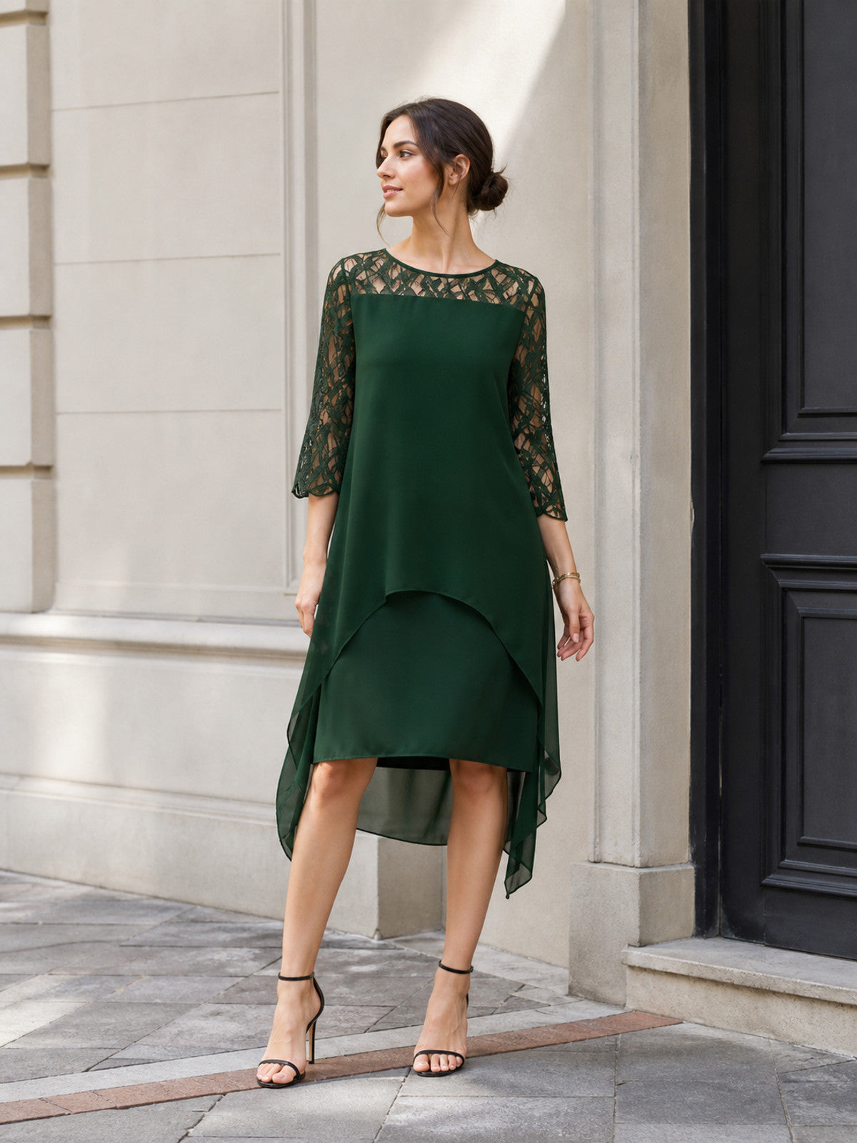 Dress with Lace Inserts and an Asymmetrical Hem
