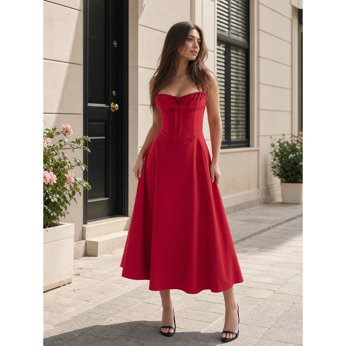 Red dress with thin straps and a fitted silhouette