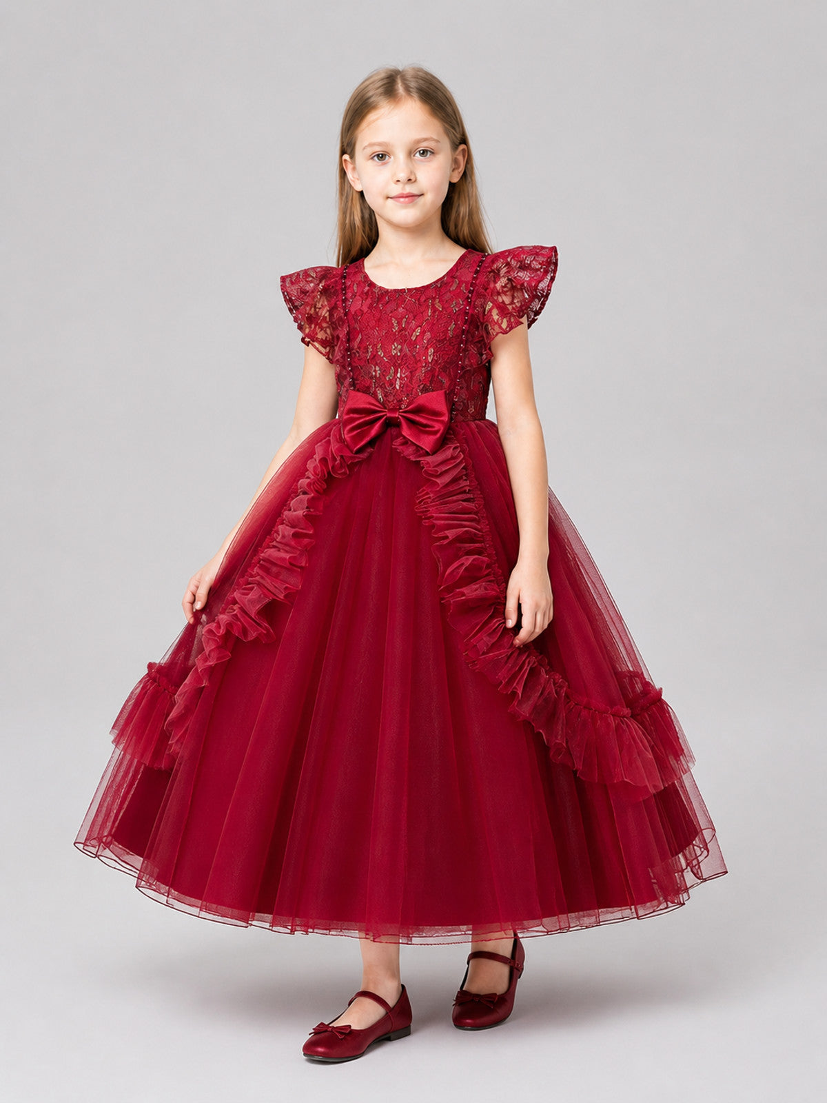 Long Burgundy Princess Dress with a Tulle Skirt Costume Dresses detail
