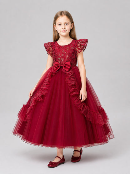 Long Burgundy Princess Dress with a Tulle Skirt Costume Dresses detail