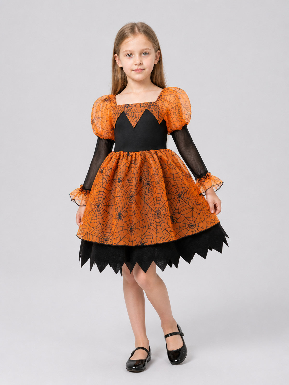 Children’s Halloween Dress, Black and Orange, with Spiderweb Pattern product detail