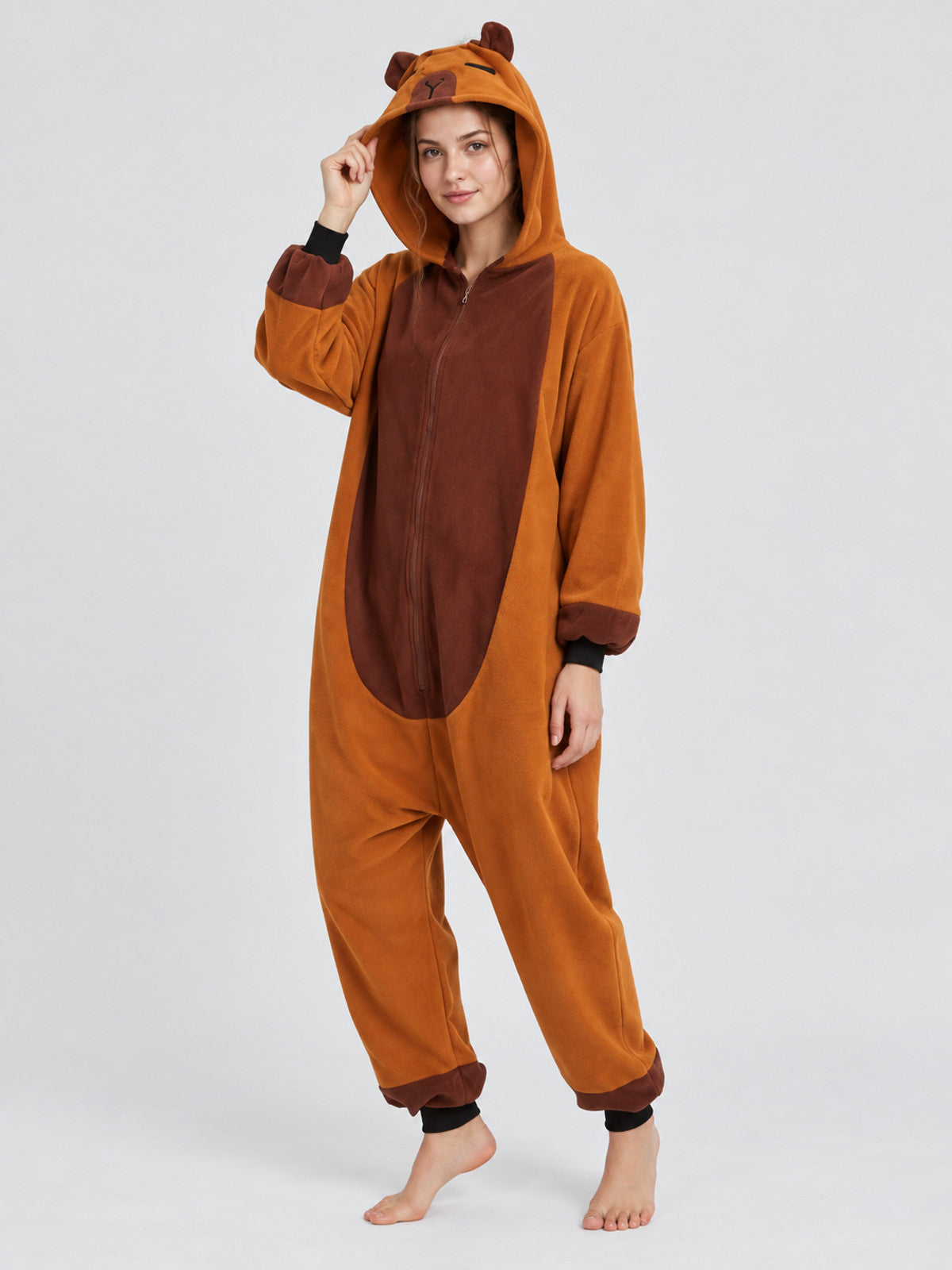 Hooded Pajama Jumpsuit with Ears, Orange-Brown