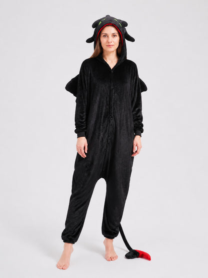 Black Flannel Kigurumi Pajama Jumpsuit with Hood product detail