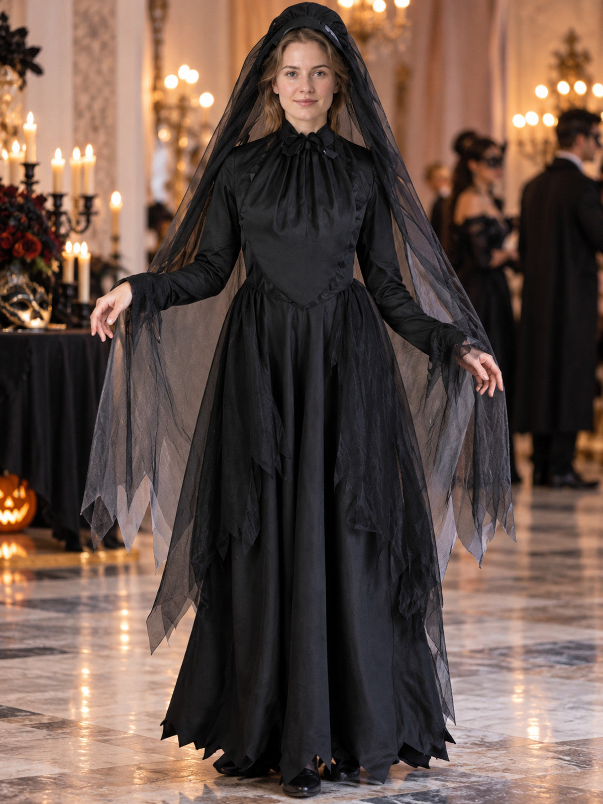 Vampire Carnival Costume with Veil and Hat, Black