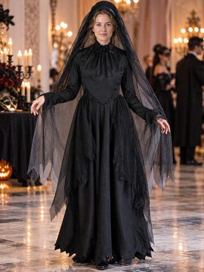 Vampire Carnival Costume with Veil and Hat, Black