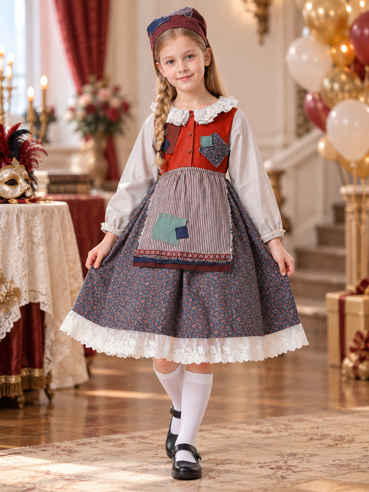 Kids' costume with dress, apron, and headscarf