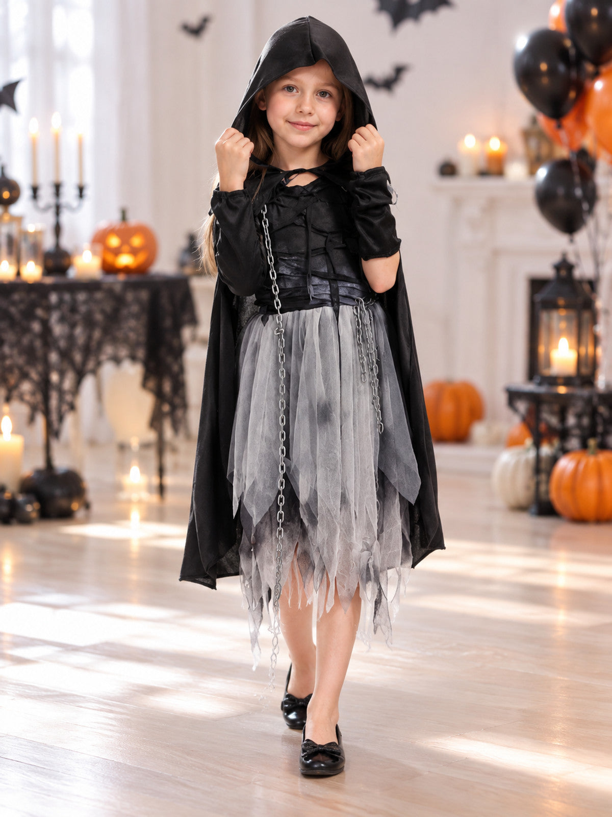 Carnival Costume with Black Cape, Dress, and Chain