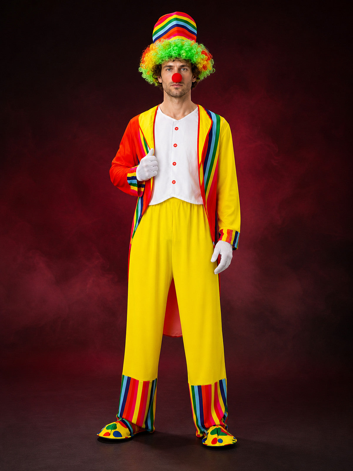 Adult Circus Clown Costume Set - Rainbow Stripe Tuxedo with Hat (4 Pieces) for