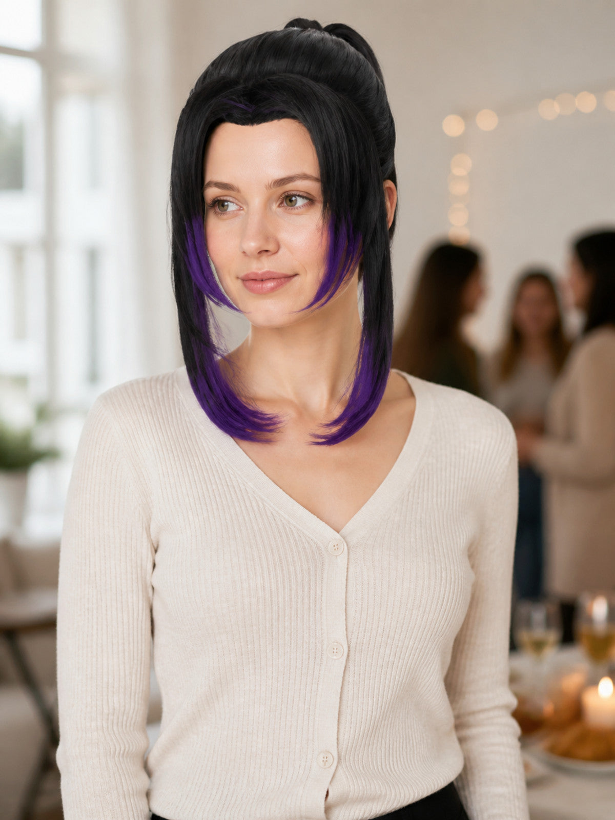 Black and Purple Carnival Wig with Updo lifestyle view