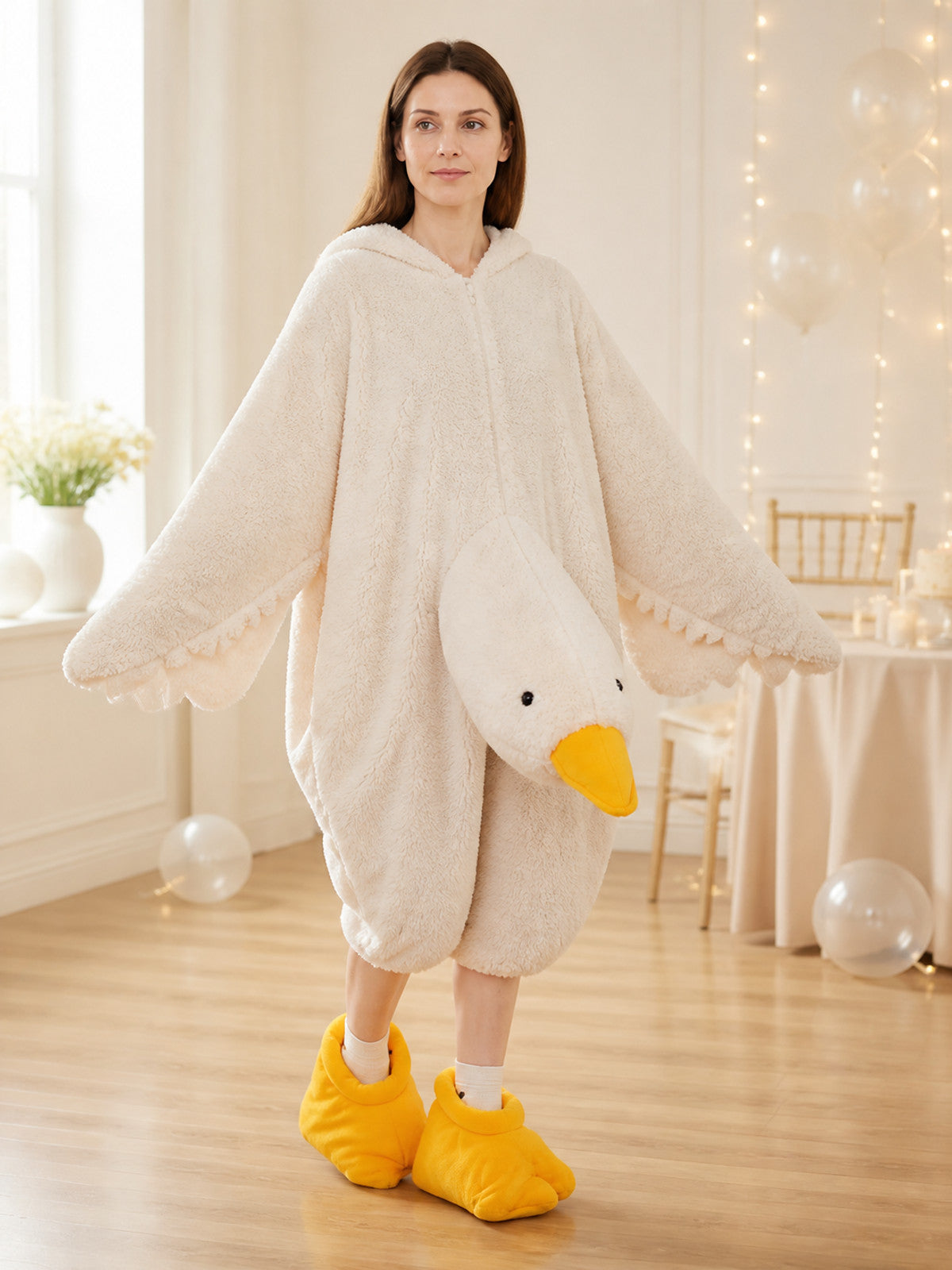 Plush White Goose Carnival Costume with Wings lifestyle view
