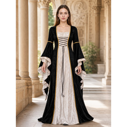 Floor-Length Dress with Corset Lacing and Ruffles