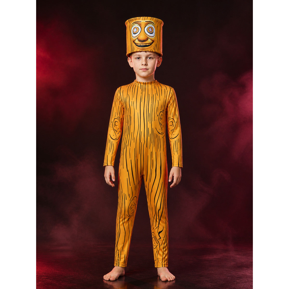 Yellow Wooden Man Halloween Costume Set, Wooden Grain Print Jumpsuit main product view
