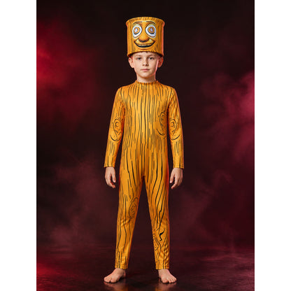 Yellow Wooden Man Halloween Costume Set, Wooden Grain Print Jumpsuit main product view