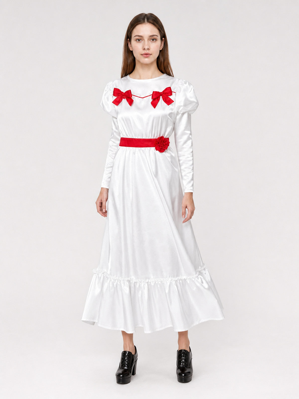 White Dress with Red Bows and Ruffles Costume Dresses detail