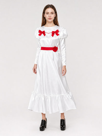 White Dress with Red Bows and Ruffles Costume Dresses detail