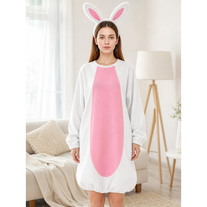 White and pink bunny costume jumpsuit with a plush-looking oval front panel and ear headband, modeled in a living room