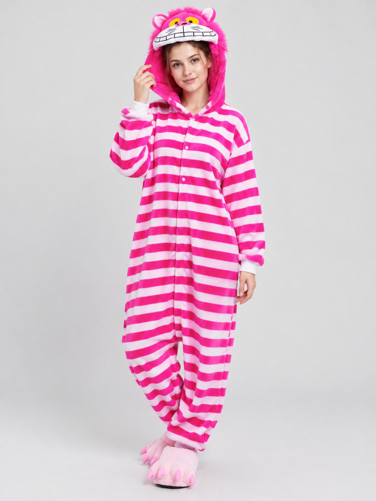 Bright pink hooded pajama jumpsuit with ears