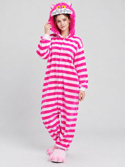 Bright pink hooded pajama jumpsuit with ears