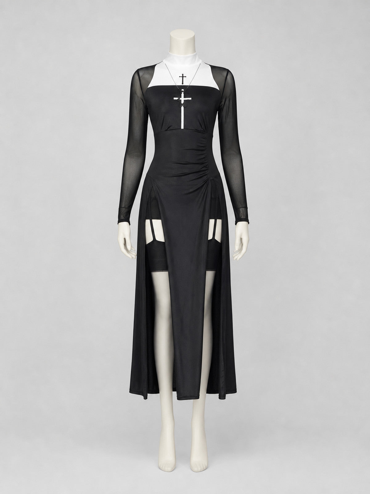 Carnival costume with dress, head covering, and cross