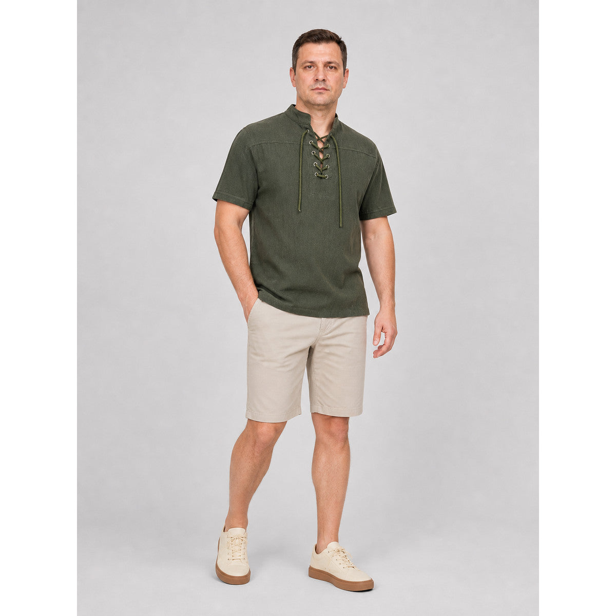 Green Short-Sleeve Lace-Up Shirt product detail