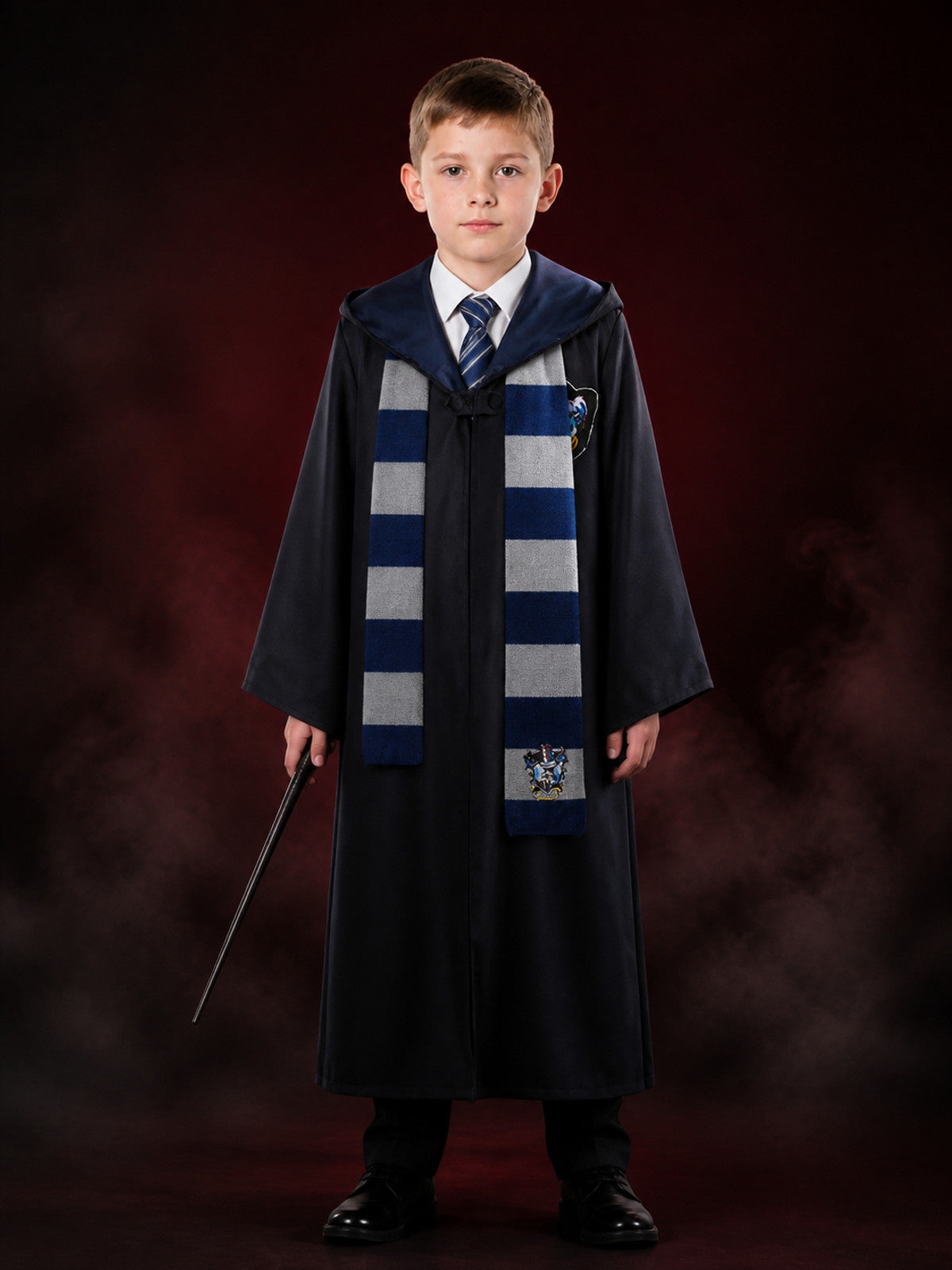 Ravenclaw Wizard Costume Set, Long Navy Blue Robe with Striped Tie and Scarf