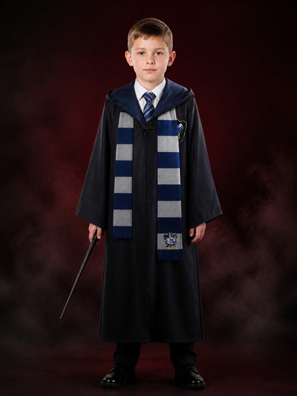 Ravenclaw Wizard Costume Set, Long Navy Blue Robe with Striped Tie and Scarf