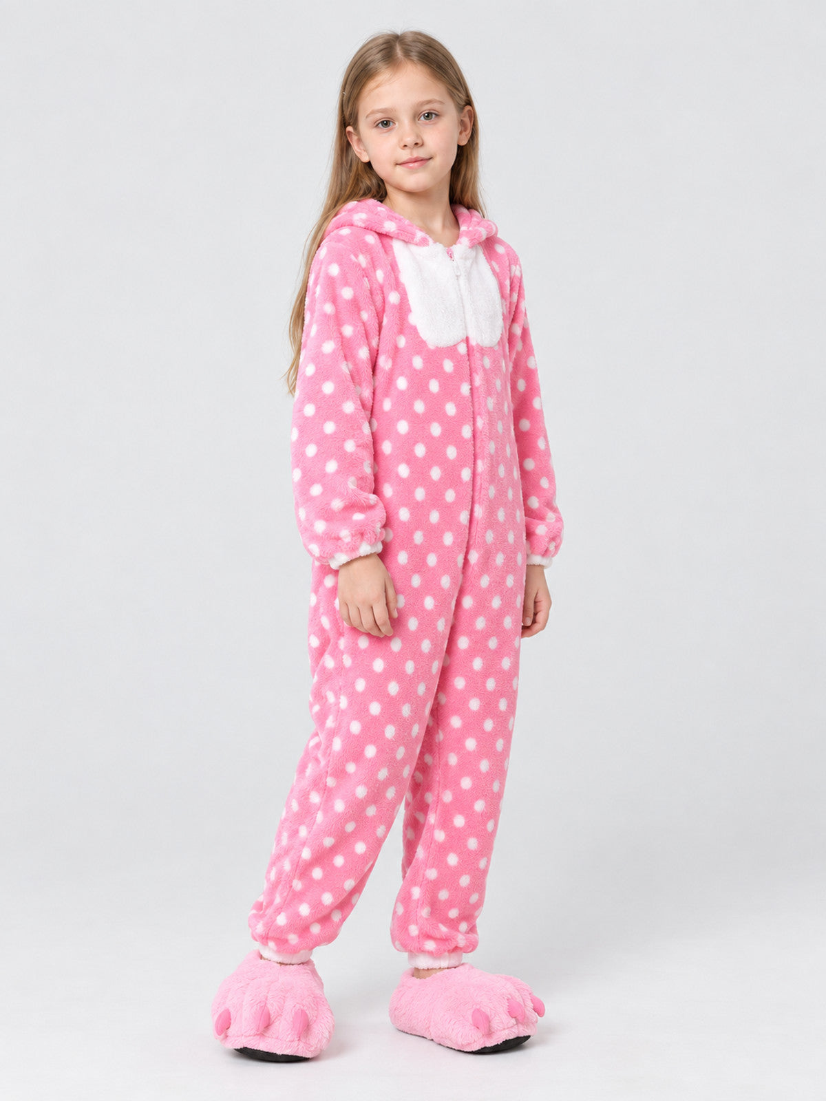 Kids' Hooded One-Piece Pajama, Pink with Polka Dots