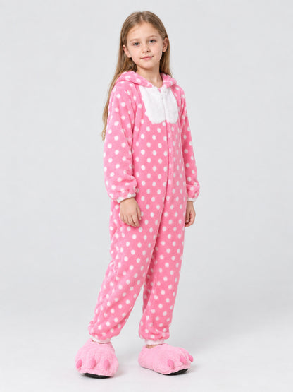 Kids' Hooded One-Piece Pajama, Pink with Polka Dots