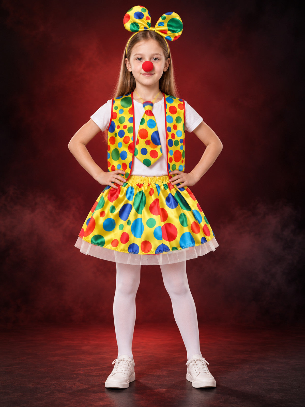 Kids' Clown Costume: Vest, Skirt, Tie, Headband, Nose