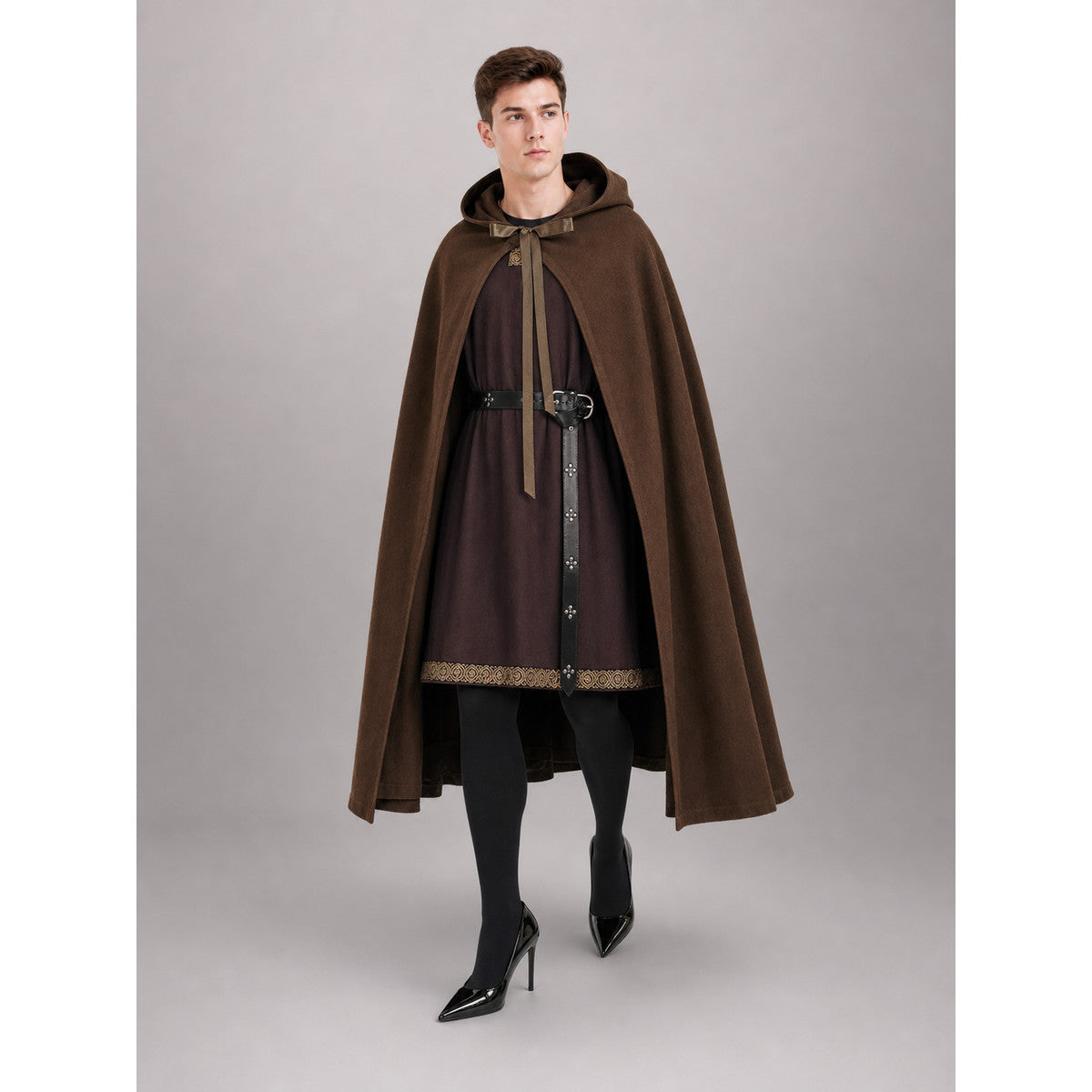 Brown carnival hood with tie lifestyle