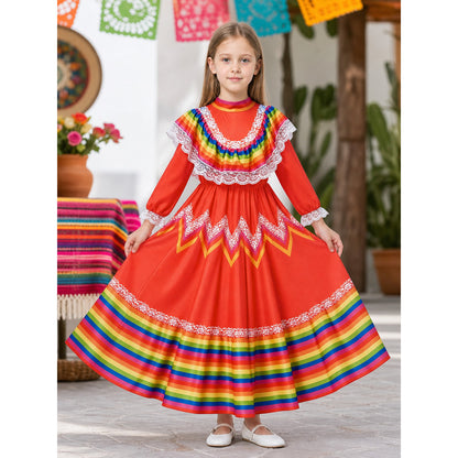 Folk Dress with Ruffles and Rainbow Inserts lifestyle view