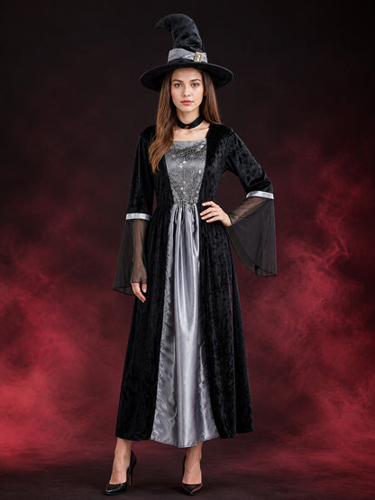 Women's Witch Costume Set - Black Long Dress with Sheer Sleeves, Spiderweb main product view