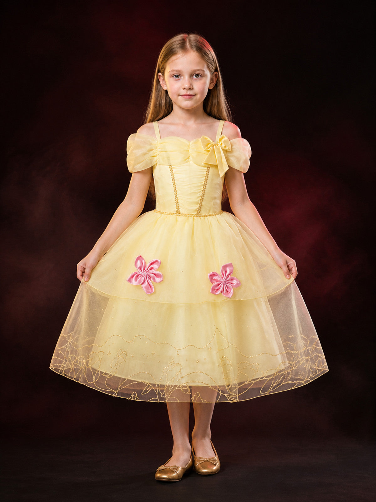 Girls Princess Costume Dress, Light Yellow Party Dress With Bow, Puff Sleeves main product view
