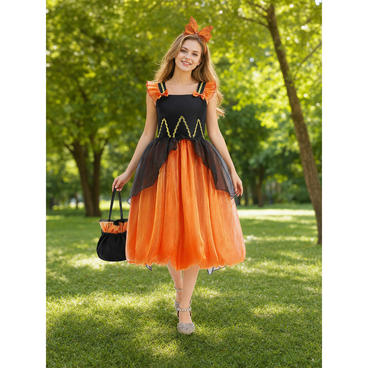 Girls' Halloween Pumpkin Dress with Headband and Purse lifestyle view