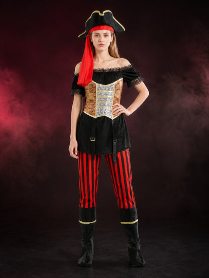Women's Pirate Costume Set - Off-Shoulder Top, Striped Pants with Boots &