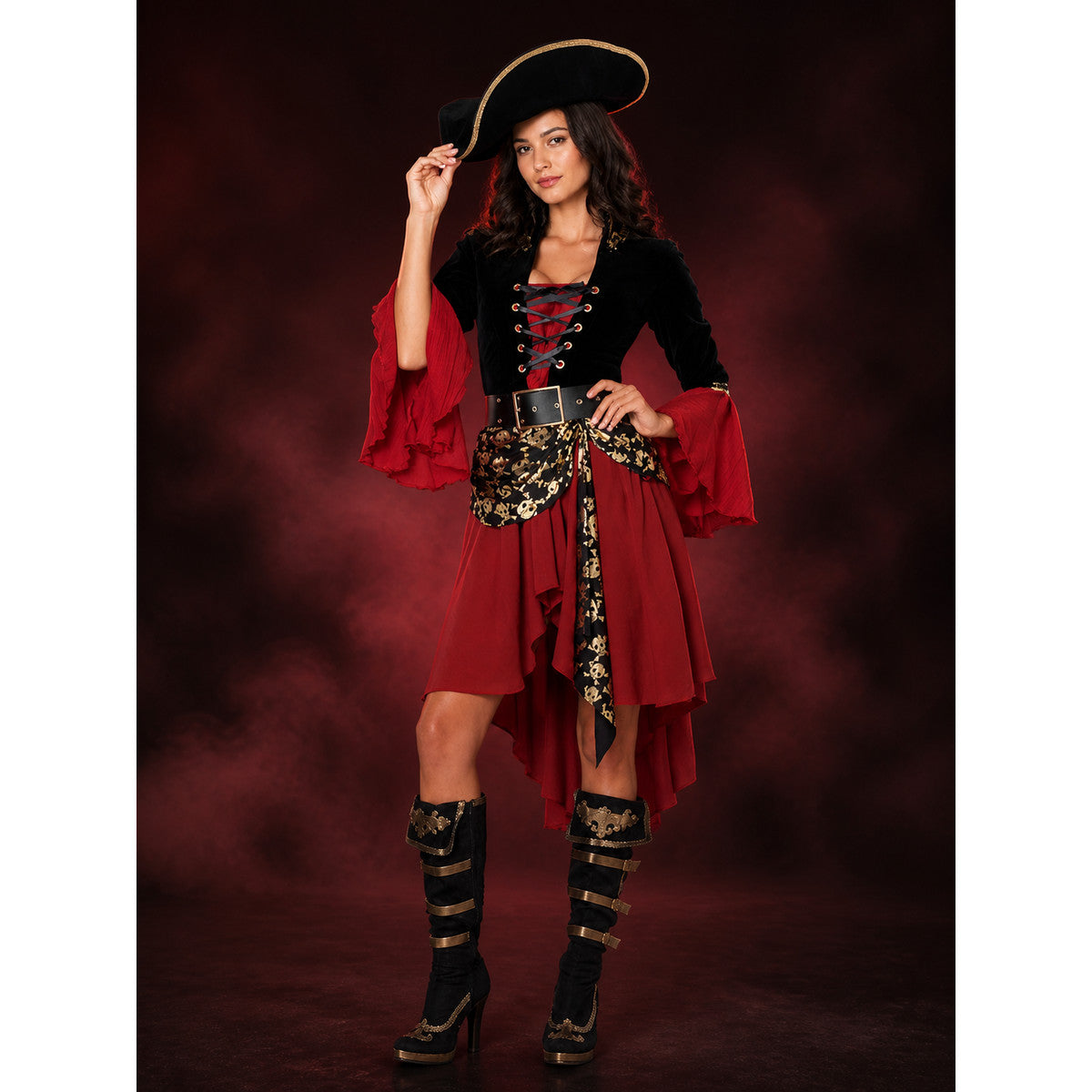 Women's Red and Black Pirate Halloween Costume Set, Asymmetric Layered Skirt lifestyle