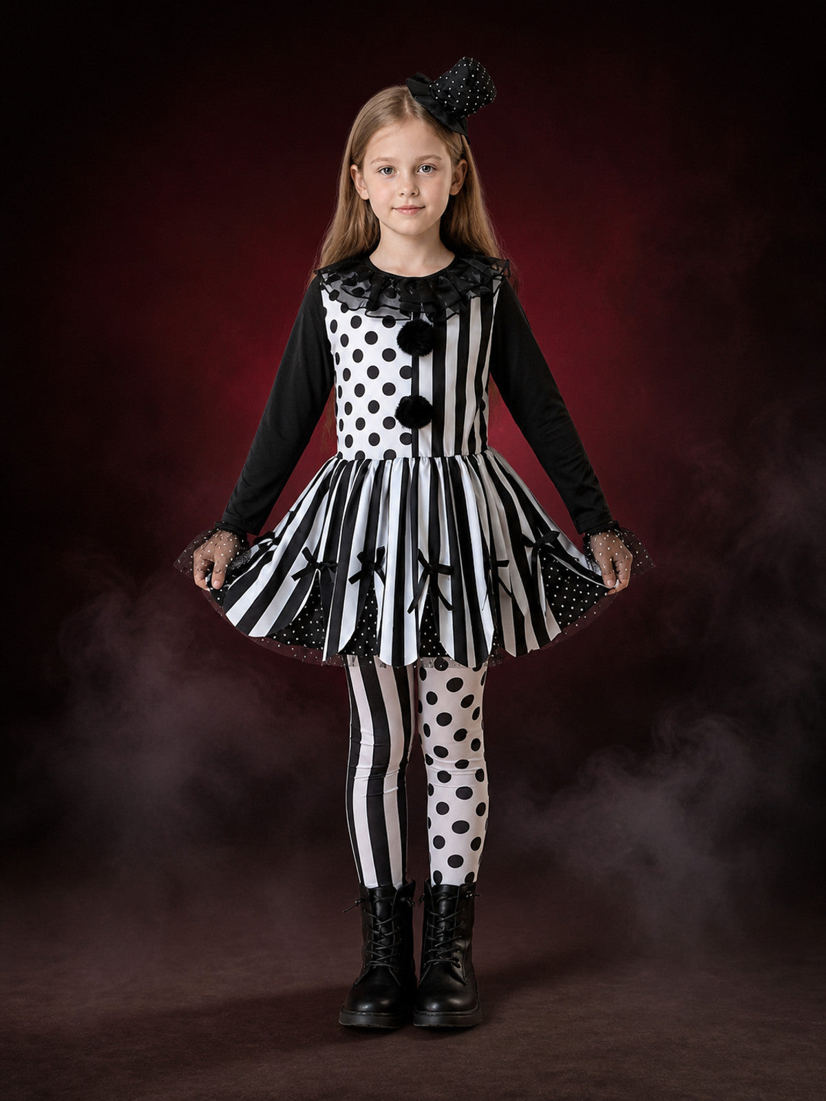 Kids Clown Costume Set, Polka Dot Stripe Dress With Hat main product view