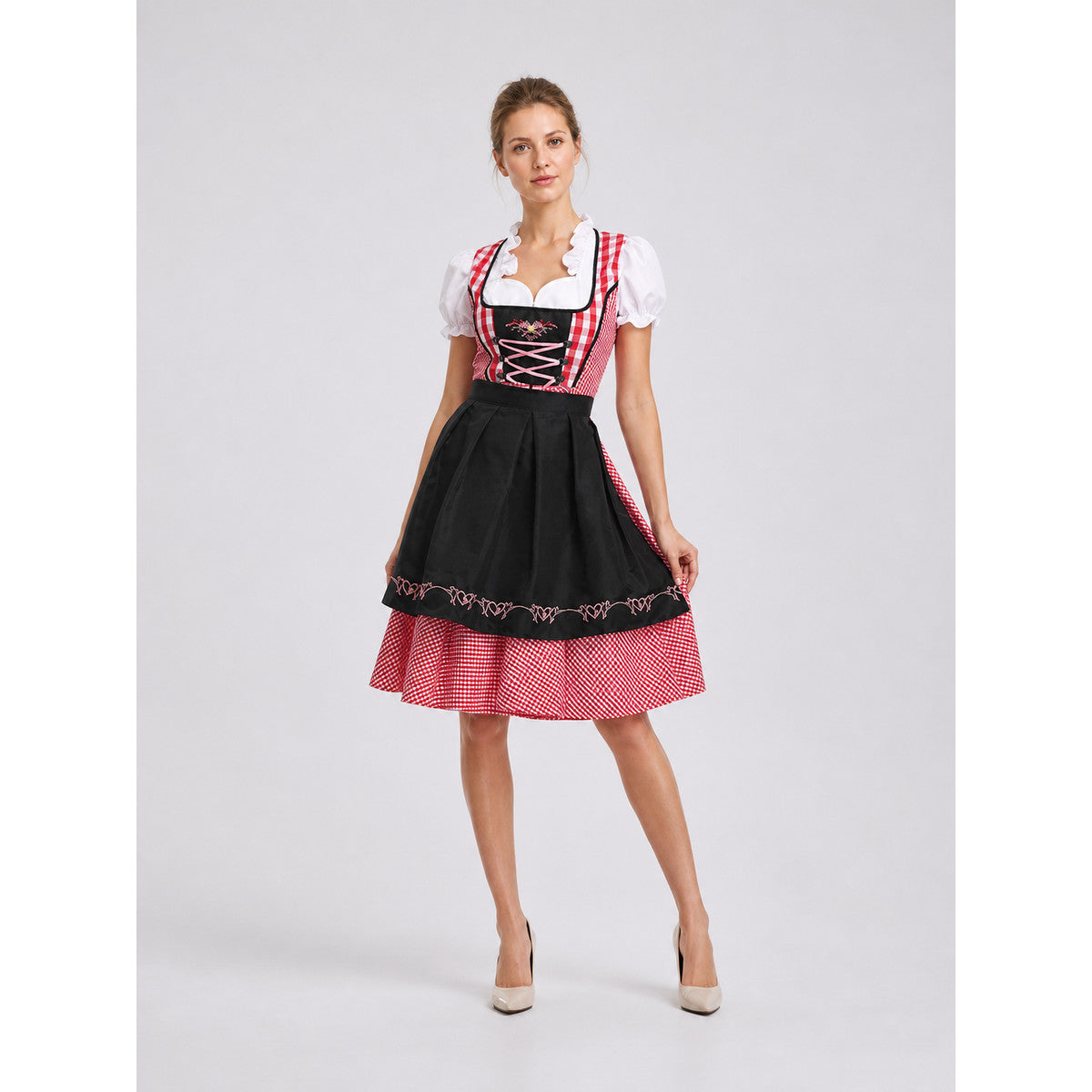 Plaid Dress with Apron-Style Panel and Puff Sleeves Costume Dresses detail