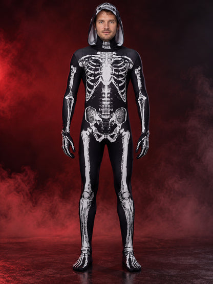 Black Skeleton Costume with Hood and Bone Print