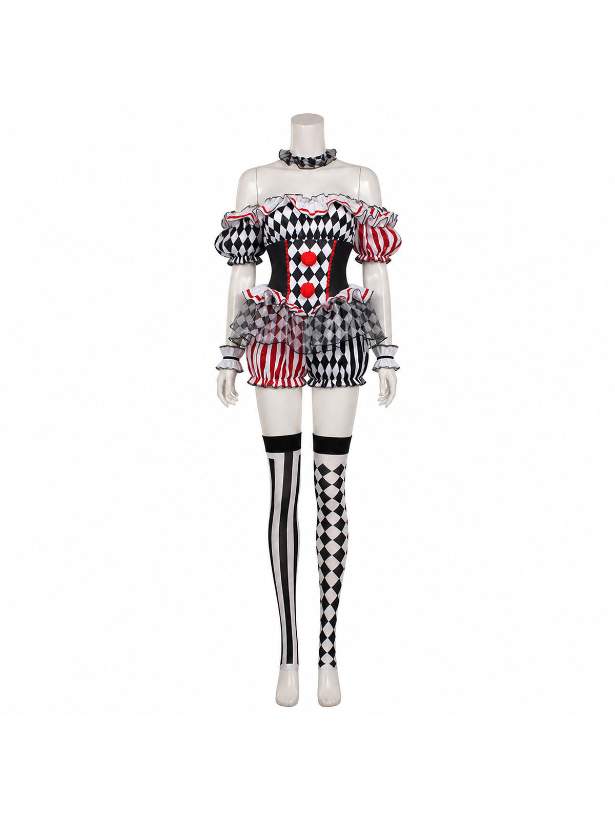 Red, White, and Black Ruffled Clown Costume for Halloween