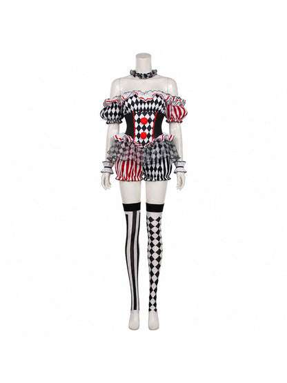Red, White, and Black Ruffled Clown Costume for Halloween